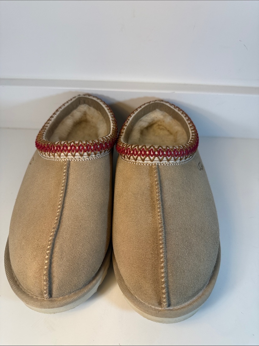 UGG Women’s Sand Tasman Suede Slippers with Red Trim - Size 7